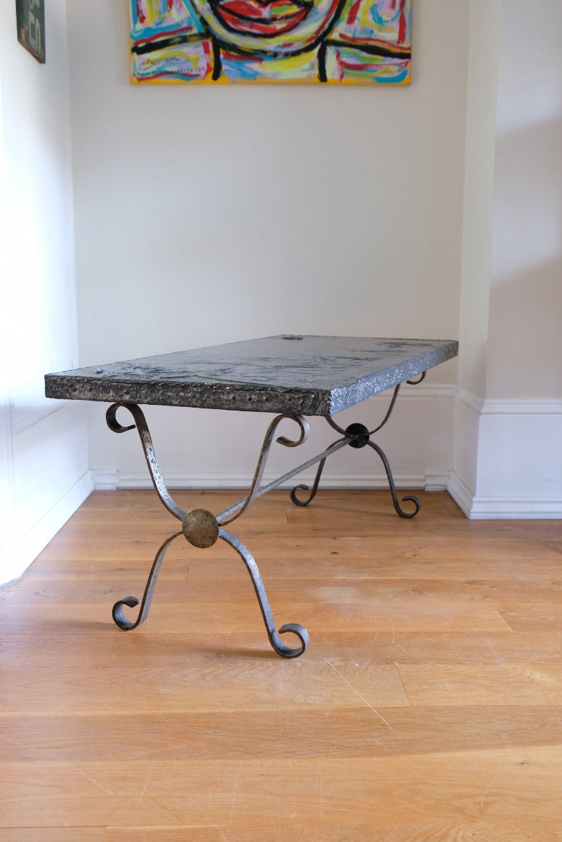 Mid 20th Century  Coffee Table Wrought Iron & Repoussé Pewter Top