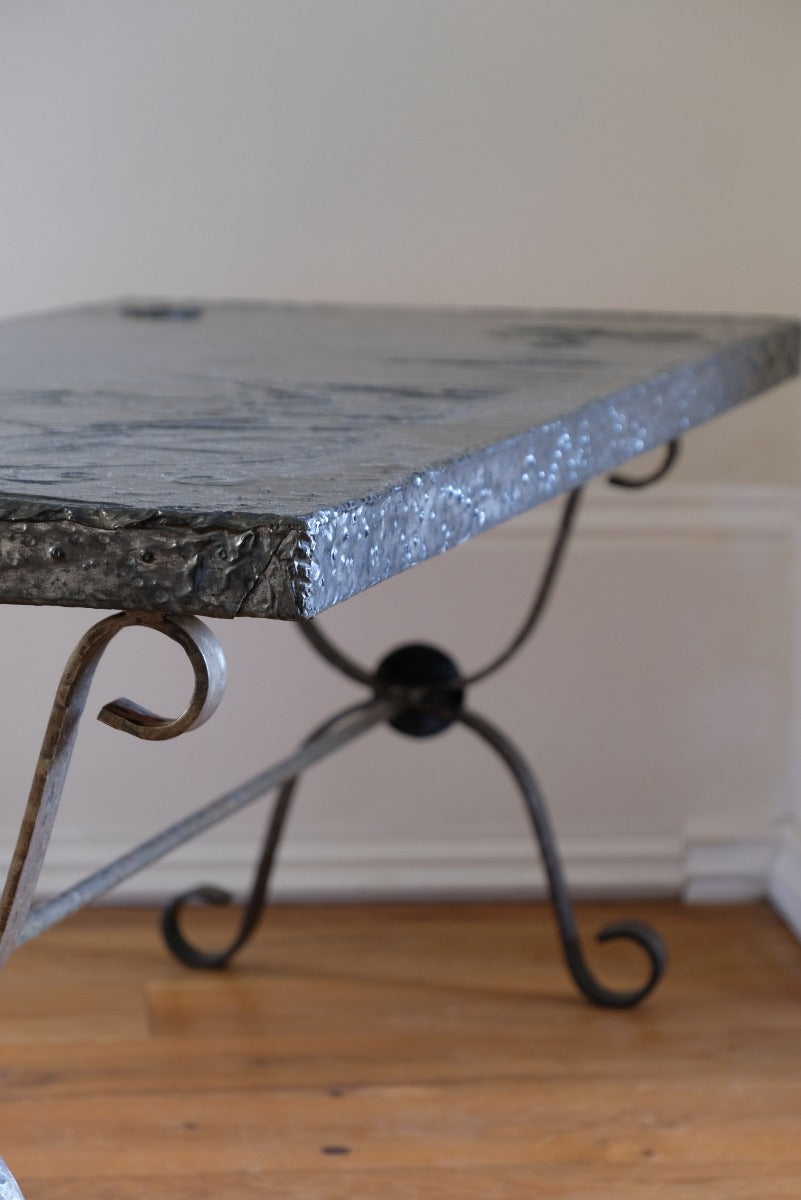 Mid 20th Century  Coffee Table Wrought Iron & Repoussé Pewter Top