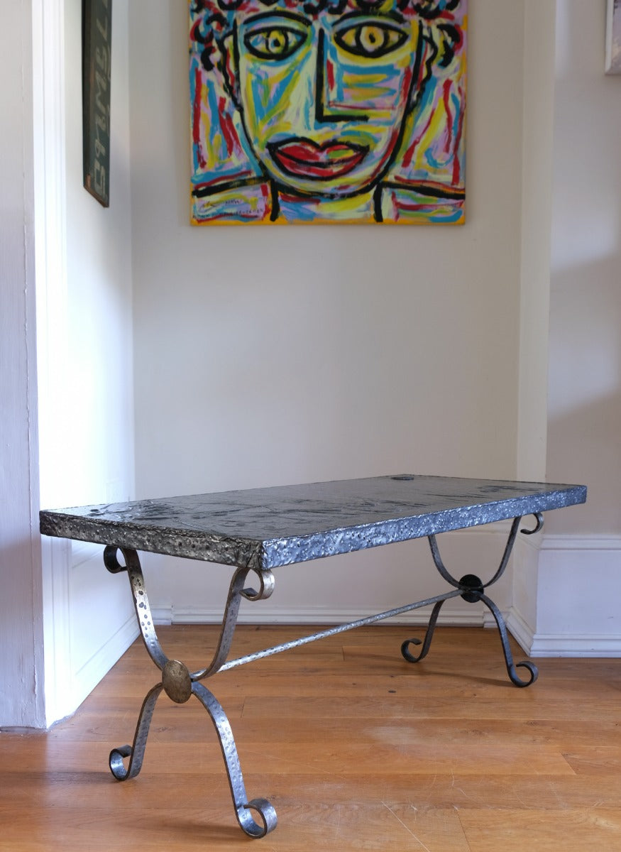 Mid 20th Century  Coffee Table Wrought Iron & Repoussé Pewter Top