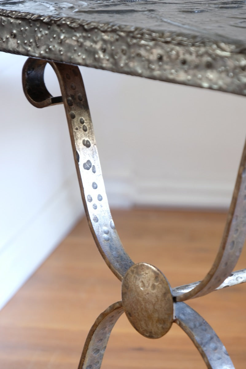 Mid 20th Century  Coffee Table Wrought Iron & Repoussé Pewter Top