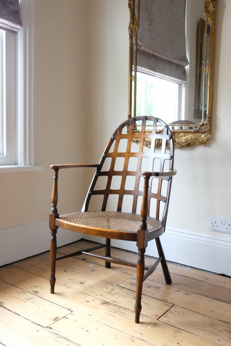 Rare Jas Shoolbred bentwood lattice back armchair with cane seat and pierced Arts & Crafts design