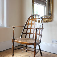Rare Jas Shoolbred bentwood lattice back armchair with cane seat and pierced Arts & Crafts design