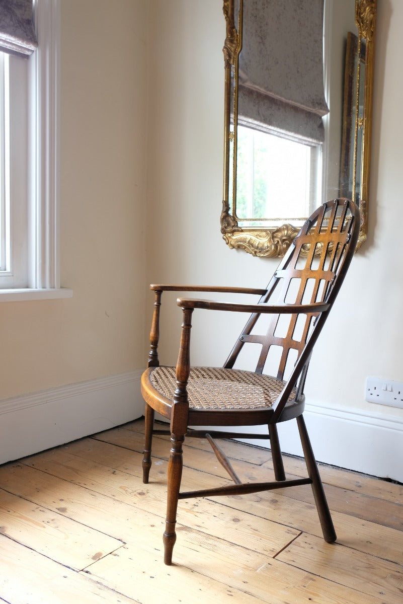 Rare Jas Shoolbred bentwood lattice back armchair with cane seat and pierced Arts & Crafts design