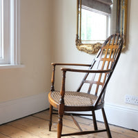 Rare Jas Shoolbred bentwood lattice back armchair with cane seat and pierced Arts & Crafts design