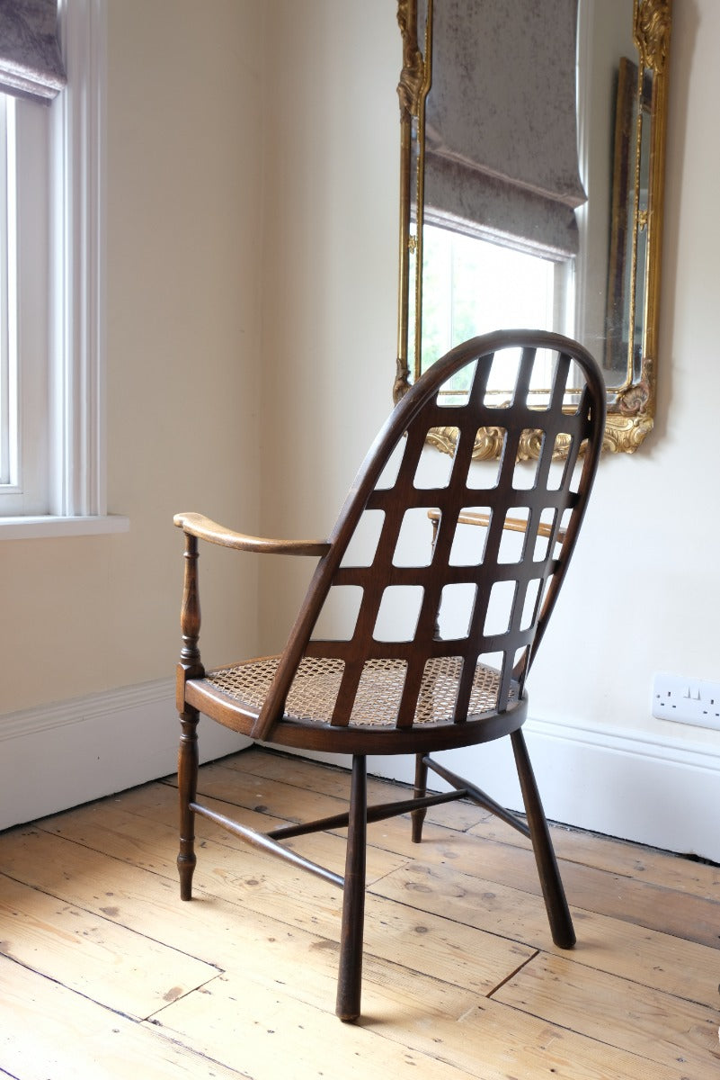 Rare Jas Shoolbred bentwood lattice back armchair with cane seat and pierced Arts & Crafts design
