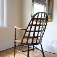 Rare Jas Shoolbred bentwood lattice back armchair with cane seat and pierced Arts & Crafts design