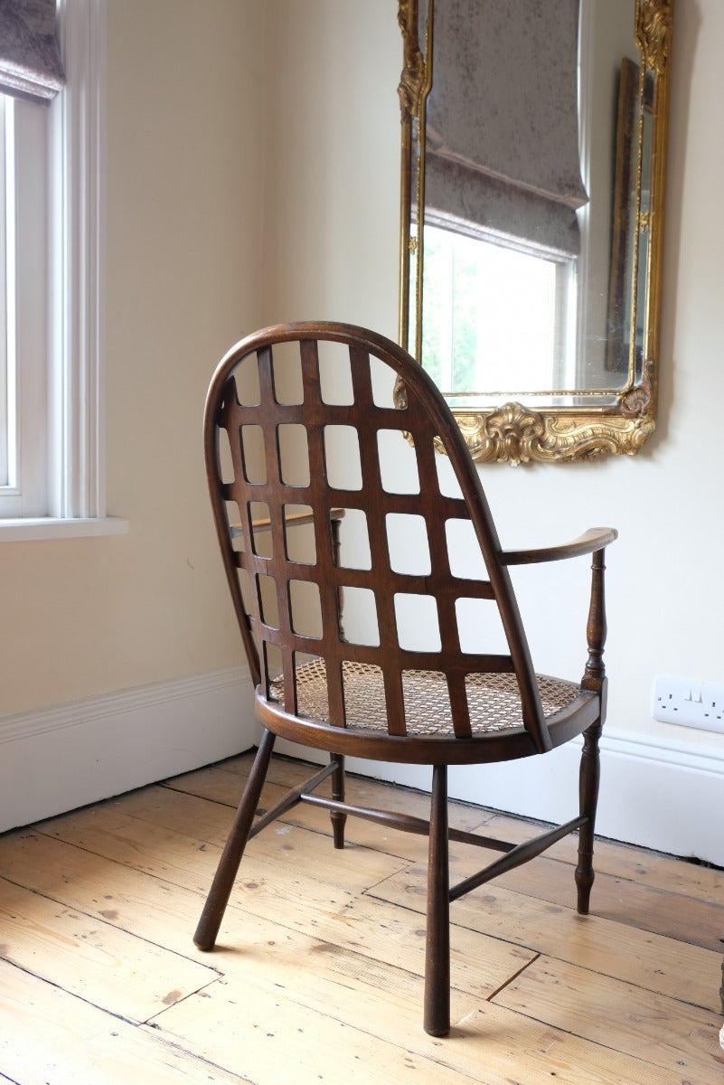 Rare Jas Shoolbred bentwood lattice back armchair with cane seat and pierced Arts & Crafts design