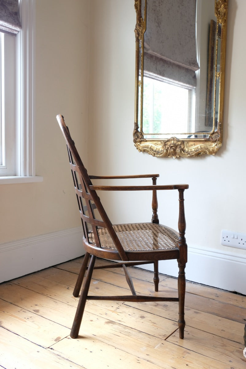 Rare Jas Shoolbred bentwood lattice back armchair with cane seat and pierced Arts & Crafts design