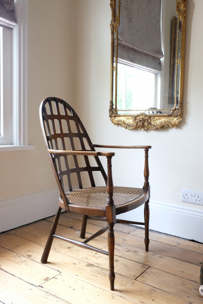 Rare Jas Shoolbred bentwood lattice back armchair with cane seat and pierced Arts & Crafts design