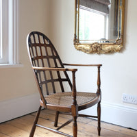 Rare Jas Shoolbred bentwood lattice back armchair with cane seat and pierced Arts & Crafts design