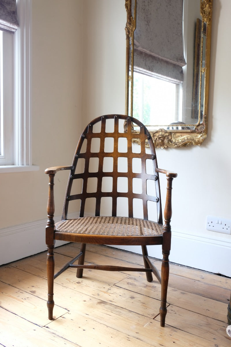 Rare Jas Shoolbred bentwood lattice back armchair with cane seat and pierced Arts & Crafts design