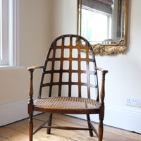 Rare Jas Shoolbred bentwood lattice back armchair with cane seat and pierced Arts & Crafts design