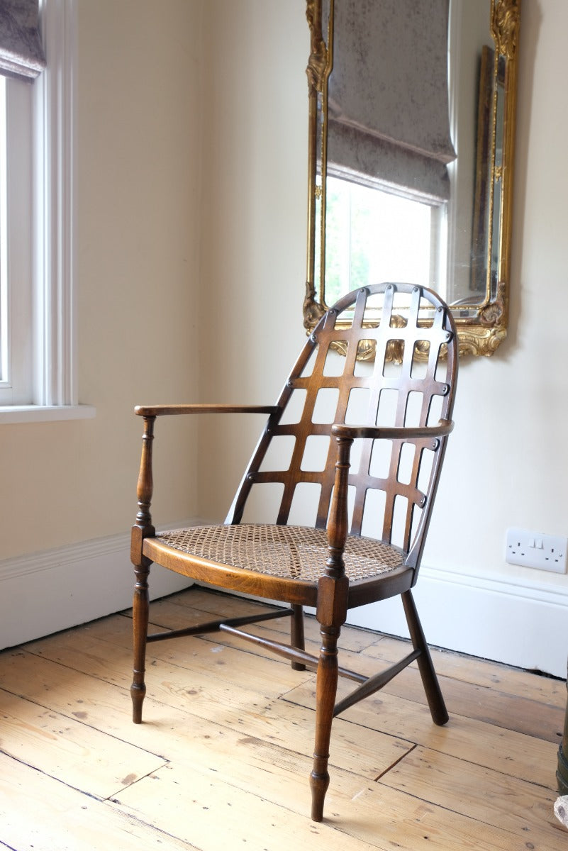 Rare Jas Shoolbred bentwood lattice back armchair with cane seat and pierced Arts & Crafts design
