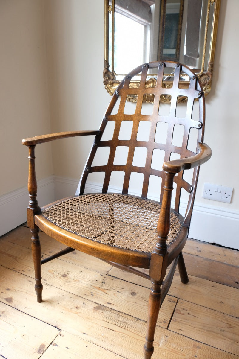 Rare Jas Shoolbred bentwood lattice back armchair with cane seat and pierced Arts & Crafts design