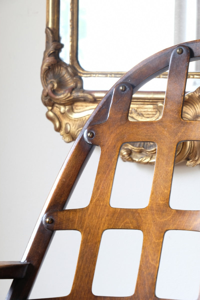 Rare Jas Shoolbred bentwood lattice back armchair with cane seat and pierced Arts & Crafts design