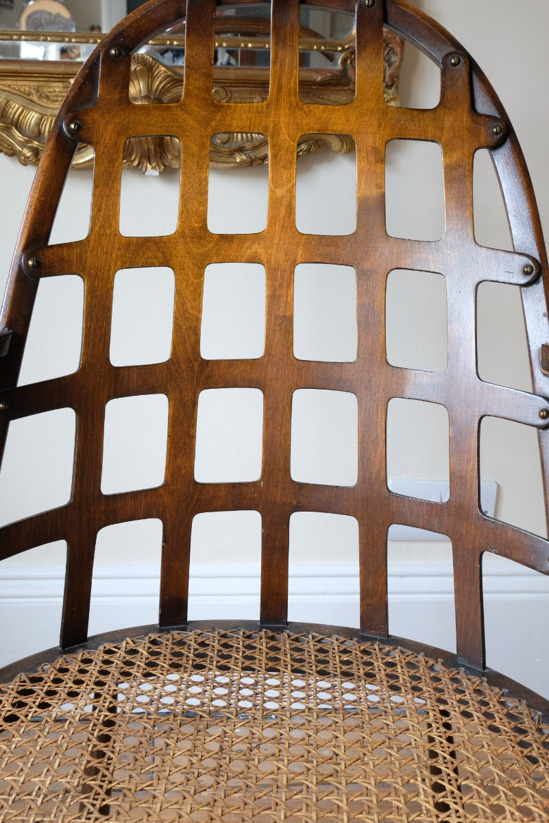 Rare Jas Shoolbred bentwood lattice back armchair with cane seat and pierced Arts & Crafts design