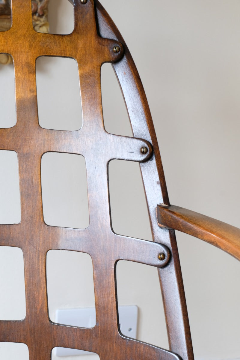 close up of lattice work - Rare Jas Shoolbred bentwood lattice back armchair with cane seat and pierced Arts & Crafts design