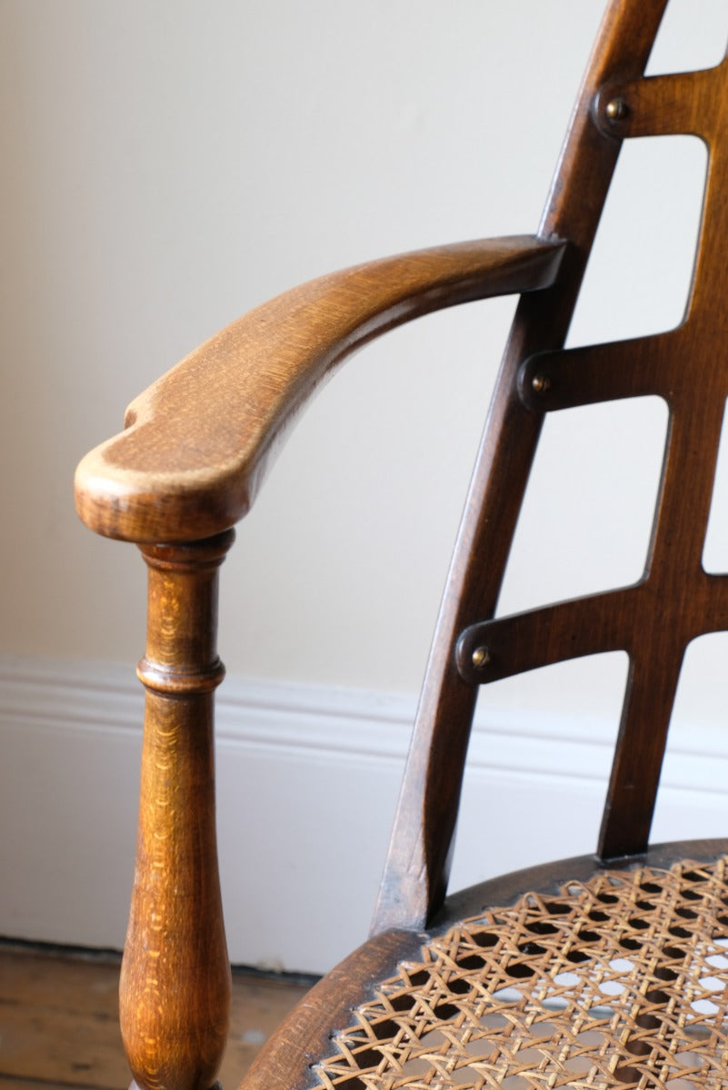 Curved am - Rare Jas Shoolbred bentwood lattice back armchair with cane seat and pierced Arts & Crafts design