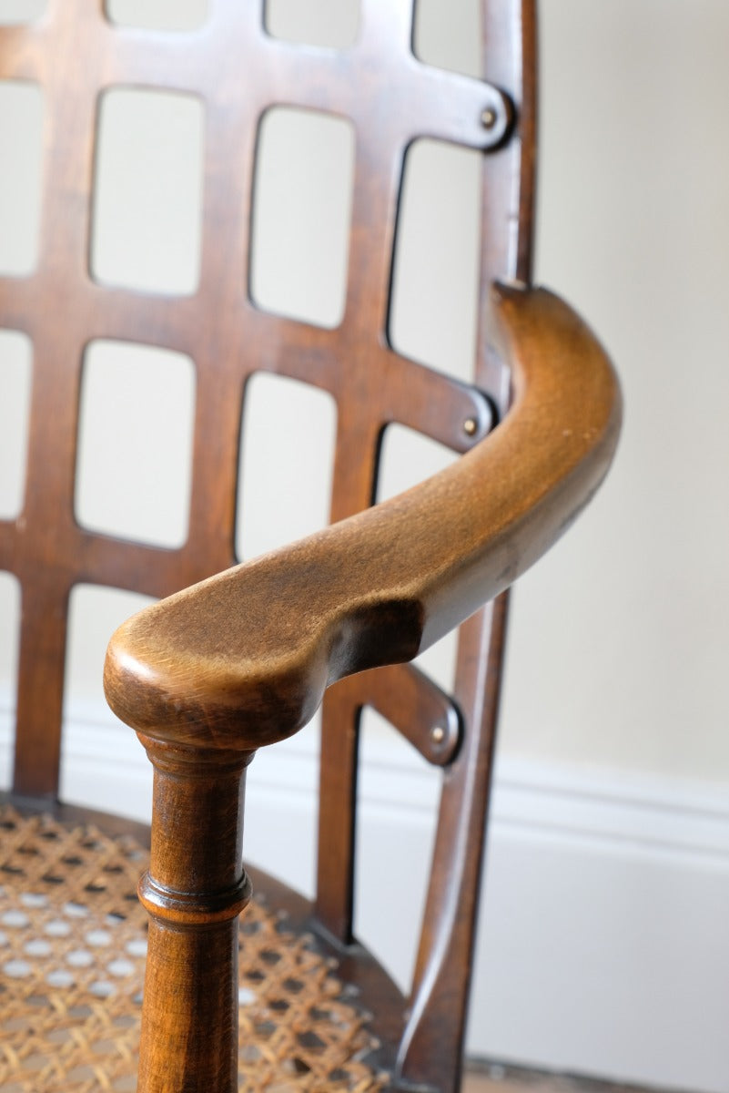 Rare Jas Shoolbred bentwood lattice back armchair with cane seat and pierced Arts & Crafts design