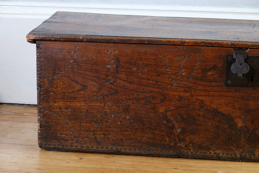 18th Century Six Board Elm Chipped Carved Coffer Dated 1765