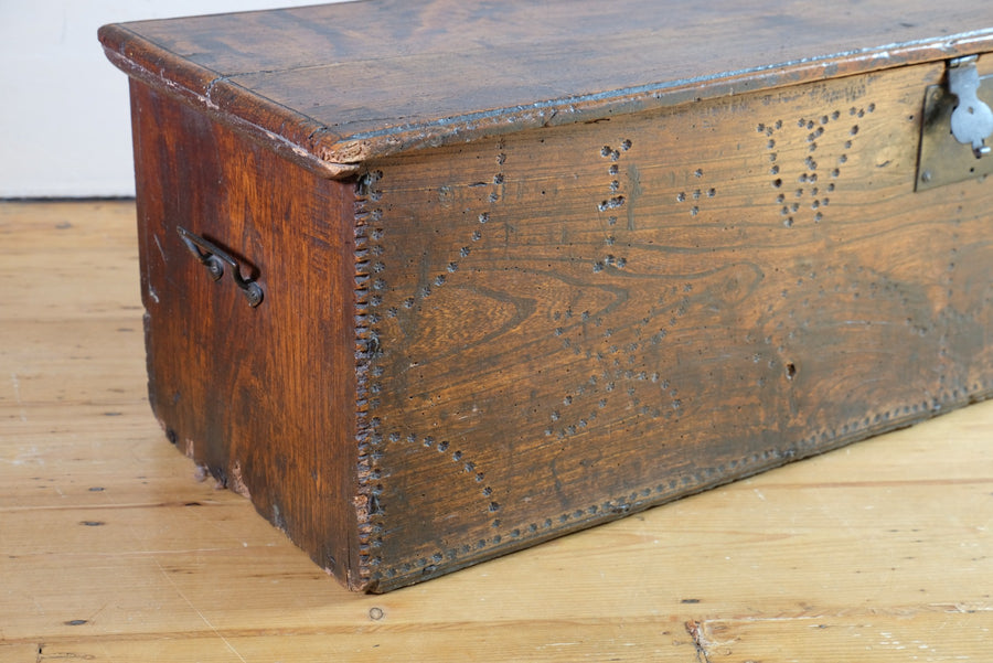 18th Century Six Board Elm Chipped Carved Coffer Dated 1765