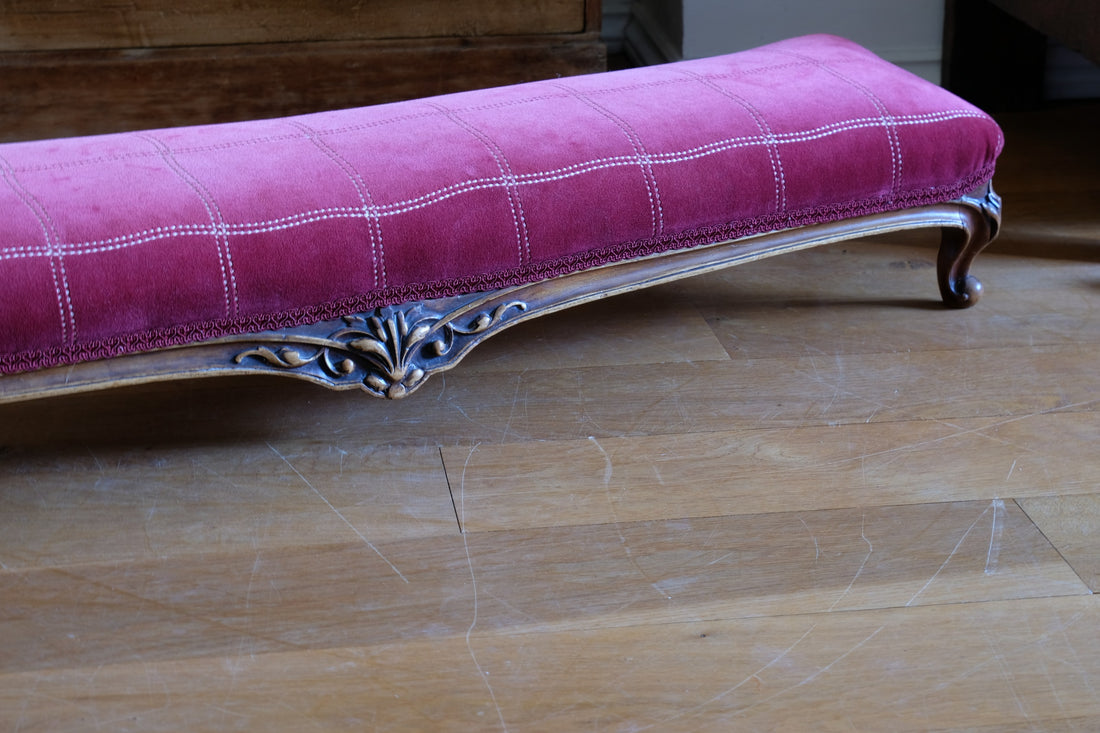 Early 1900's Carved Walnut Upholstered Foot Stool