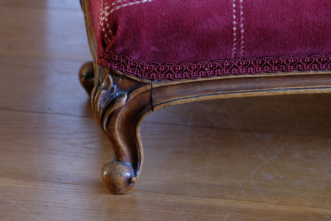 Early 1900's Carved Walnut Upholstered Foot Stool