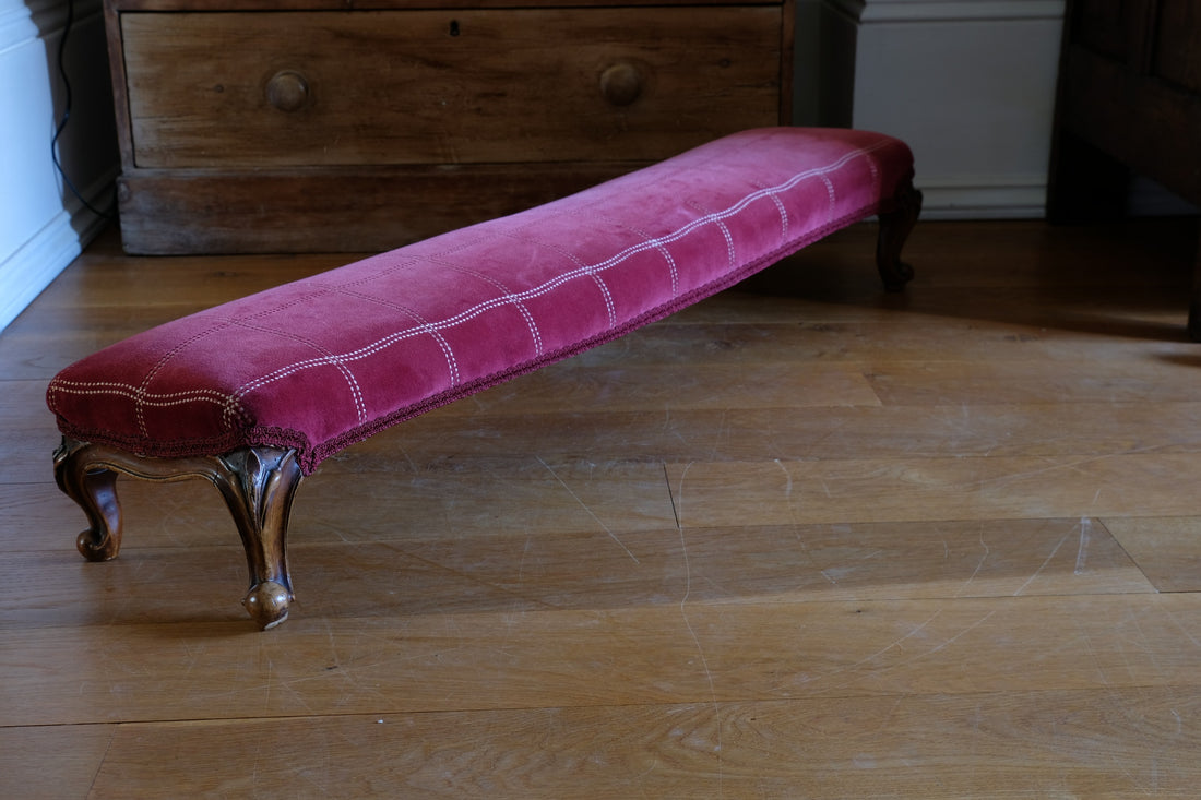 Early 1900's Carved Walnut Upholstered Foot Stool