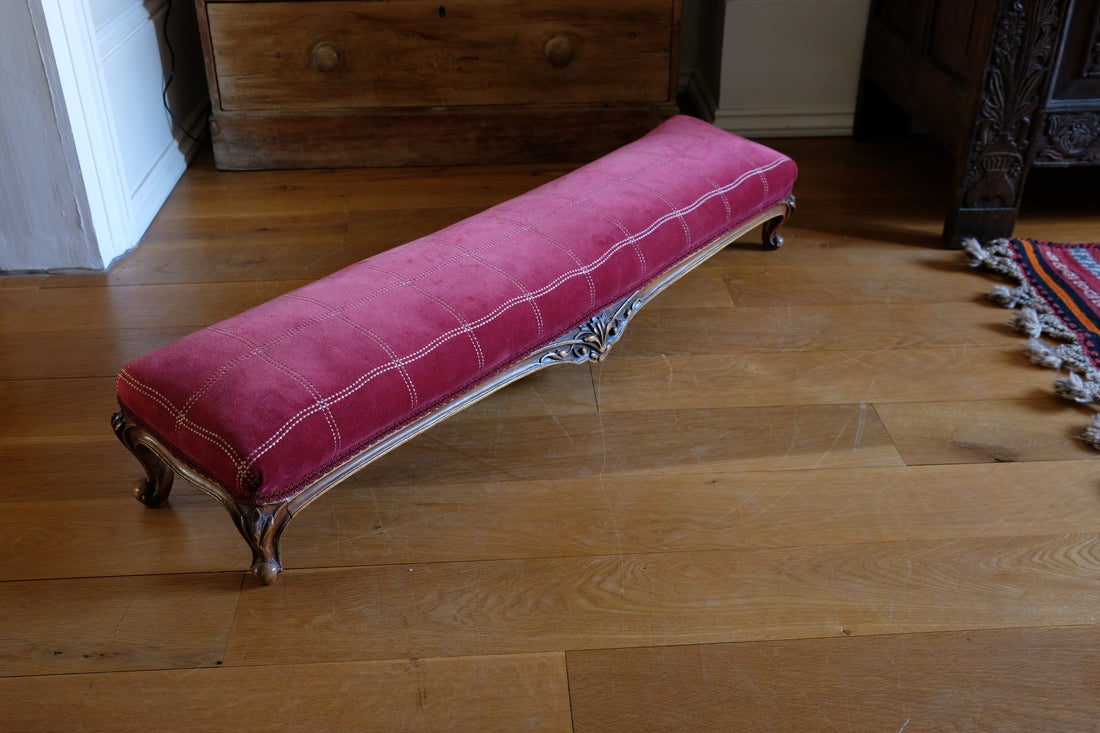 Early 1900's Carved Walnut Upholstered Foot Stool