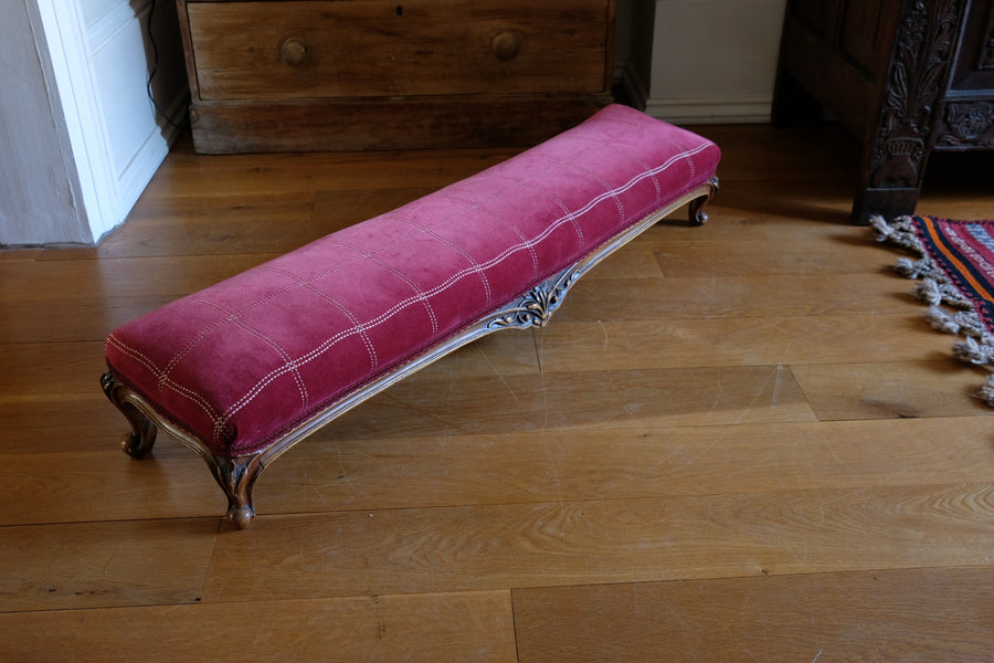 Early 1900's Carved Walnut Upholstered Foot Stool