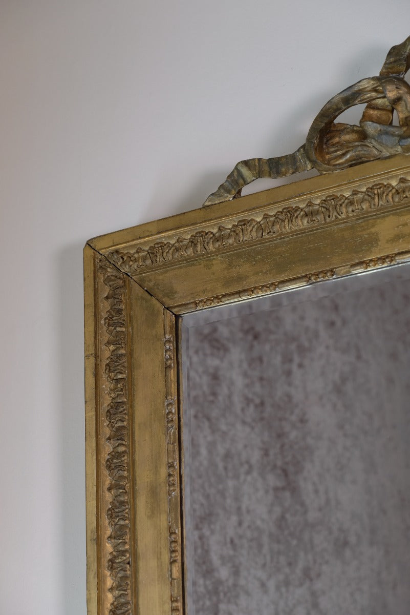 19th Century Giltwood Beveled Mirror & Ribbon Crest