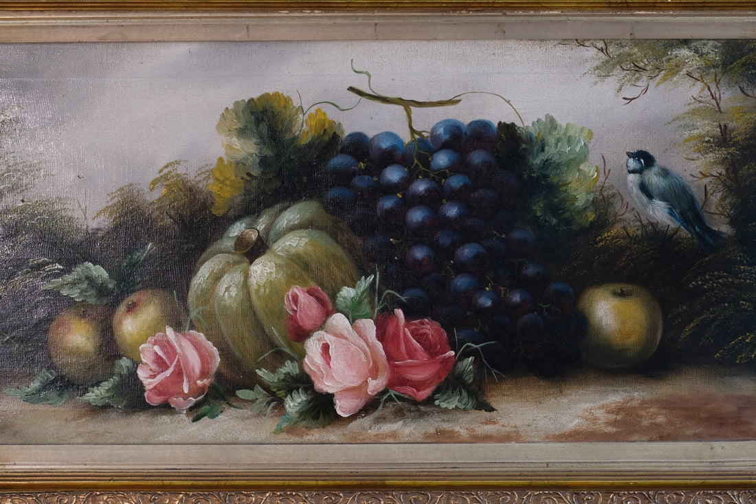 Still life oil painting of fruit flowers and a Blue Tit - Circa 1880s