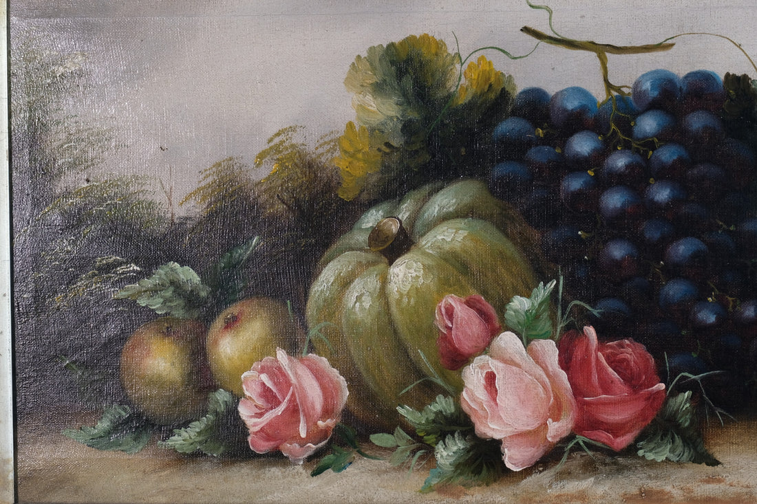 Still life oil painting of fruit flowers and a Blue Tit - Circa 1880s