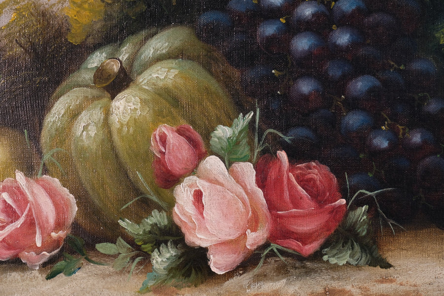 Still life oil painting of fruit flowers and a Blue Tit - Circa 1880s