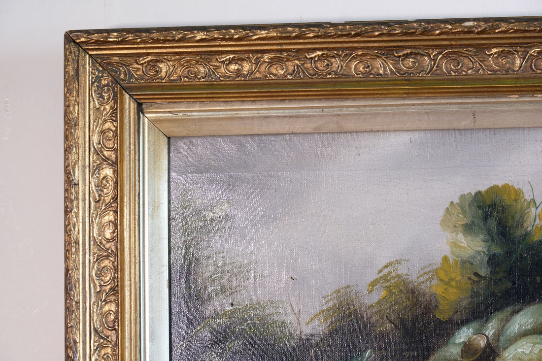 Still life oil painting of fruit flowers and a Blue Tit - Circa 1880s
