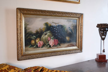 19th century English school still life oil painting fruit flowers Blue Tit