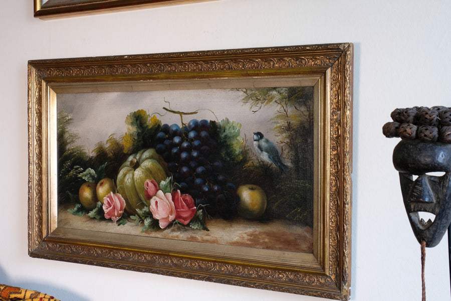Still life oil painting of fruit flowers and a Blue Tit - Circa 1880s