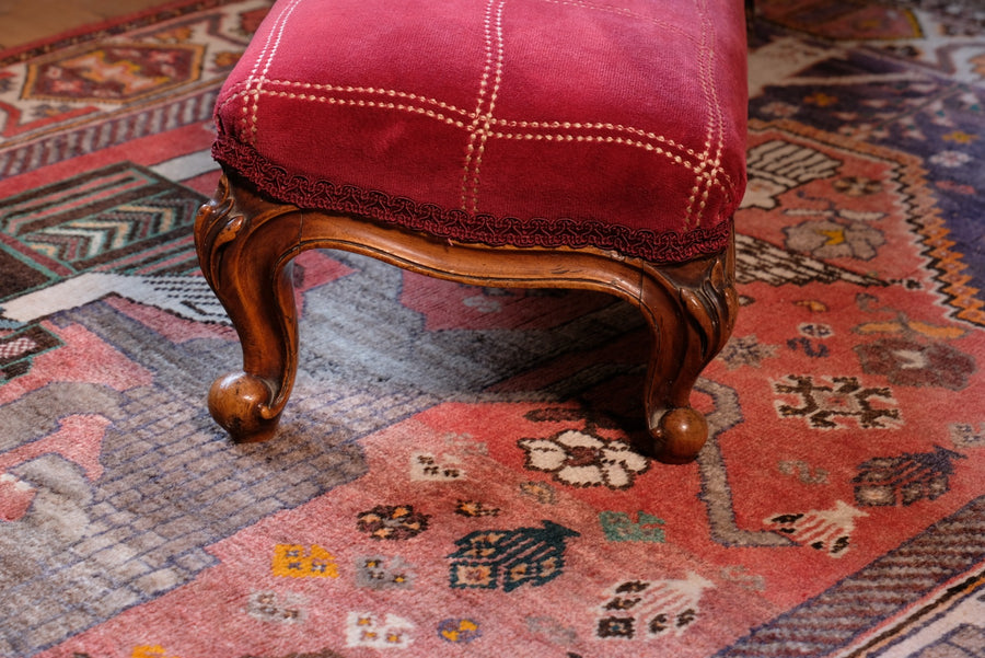 Early 1900's Carved Walnut Upholstered Foot Stool
