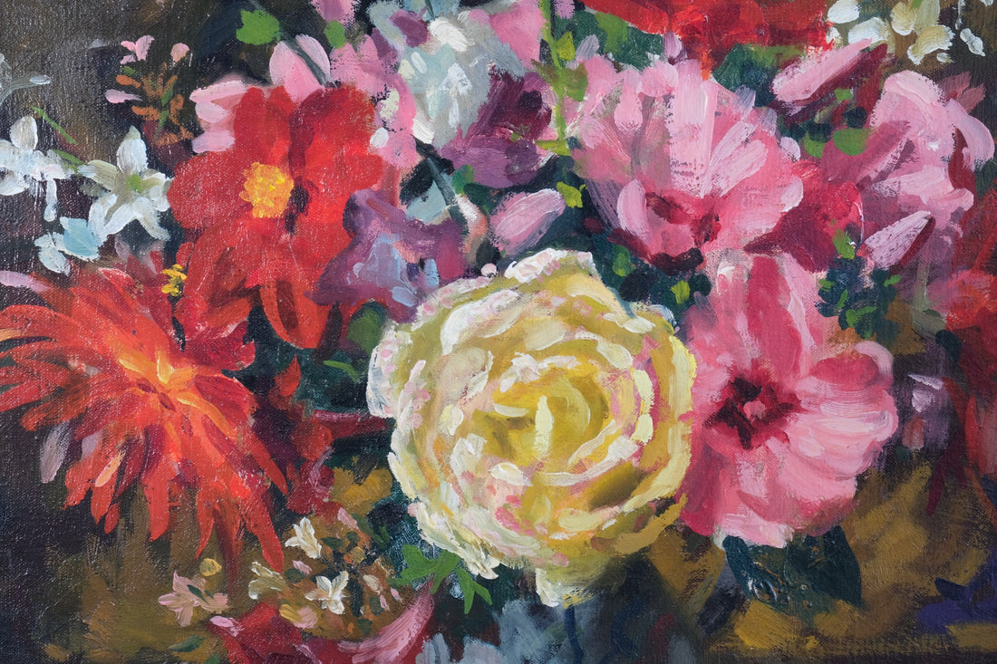 Still life oil painting of garden flowers by John Codner RWA - oil on canvas