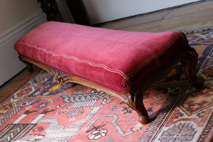 Early 1900's Carved Walnut Upholstered Foot Stool