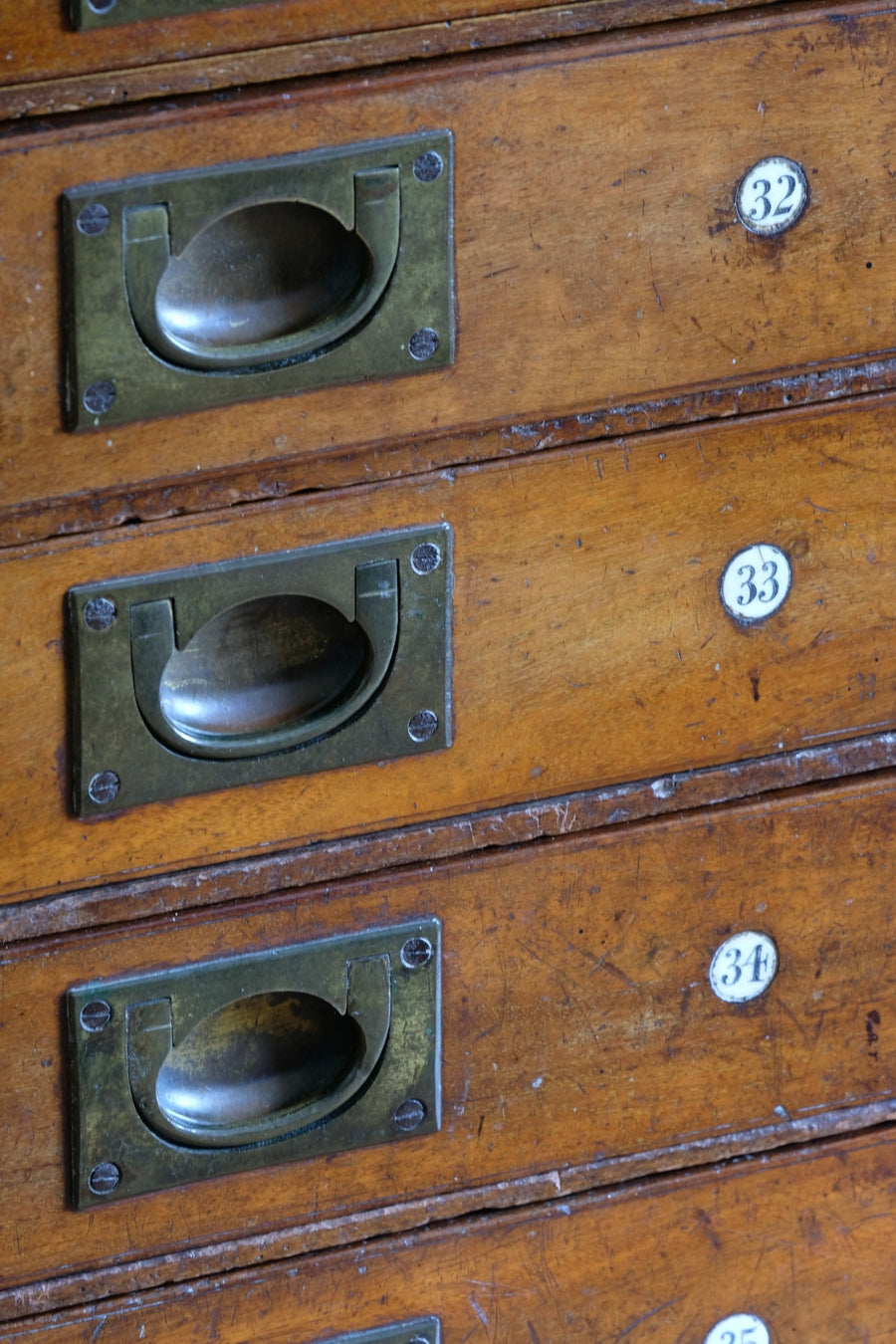 Bank Of Mahogany Drawers With Flush Brass Handles & Name Plates