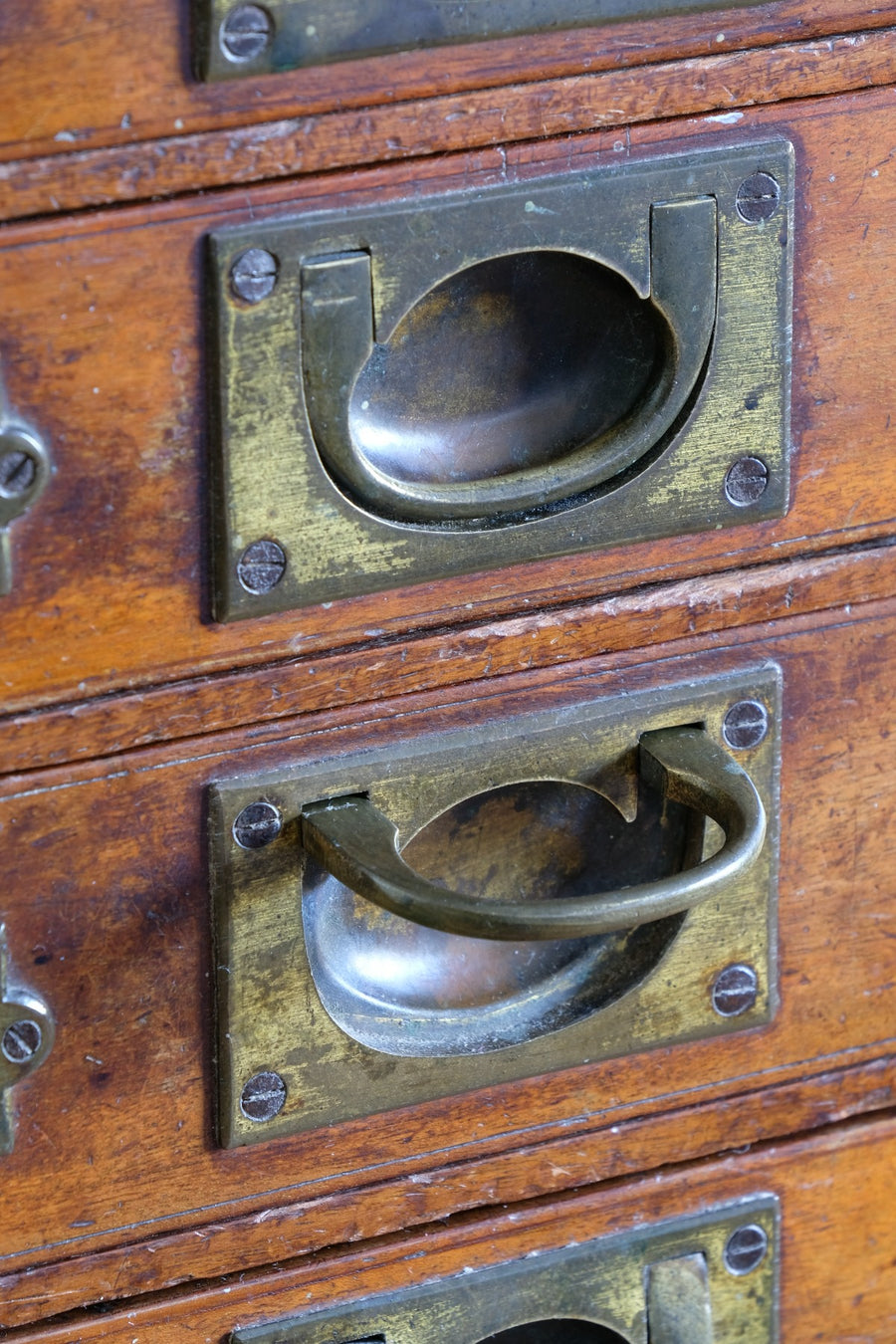 Bank Of Mahogany Drawers With Flush Brass Handles & Name Plates