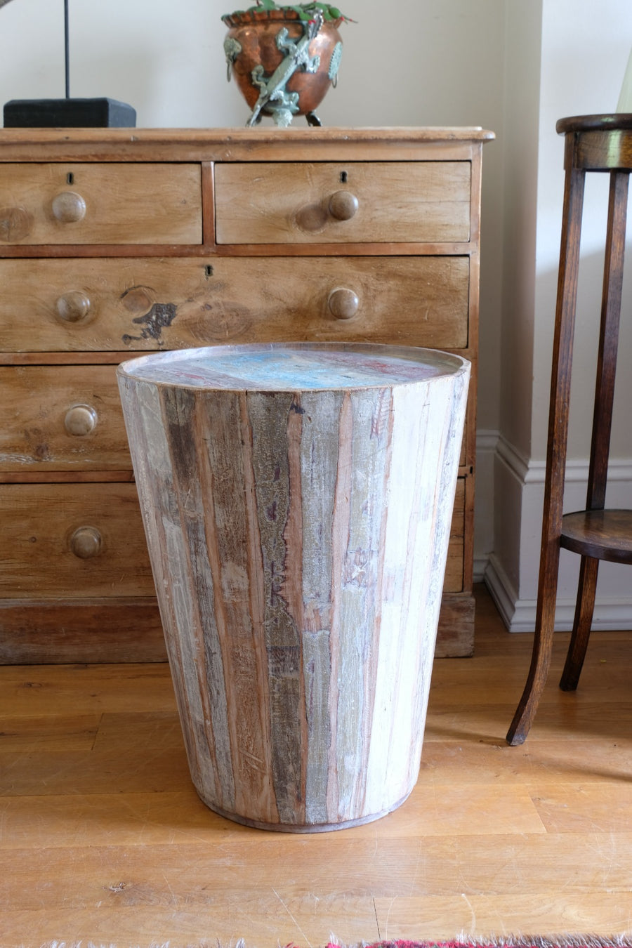 Vintage tub table with red and blue top made from hardwood staves