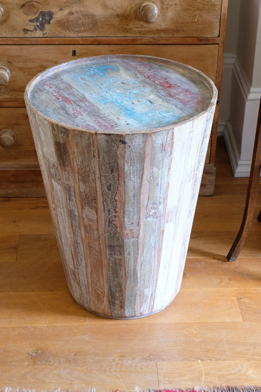 Vintage tub table with red and blue top made from hardwood staves