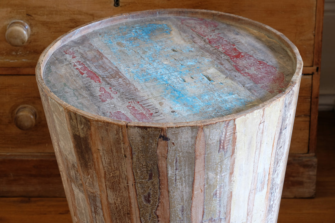 Vintage tub table with red and blue top made from hardwood staves