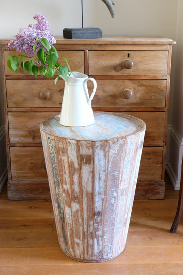 Retro tub table featuring a blue top, crafted from solid hardwood staves