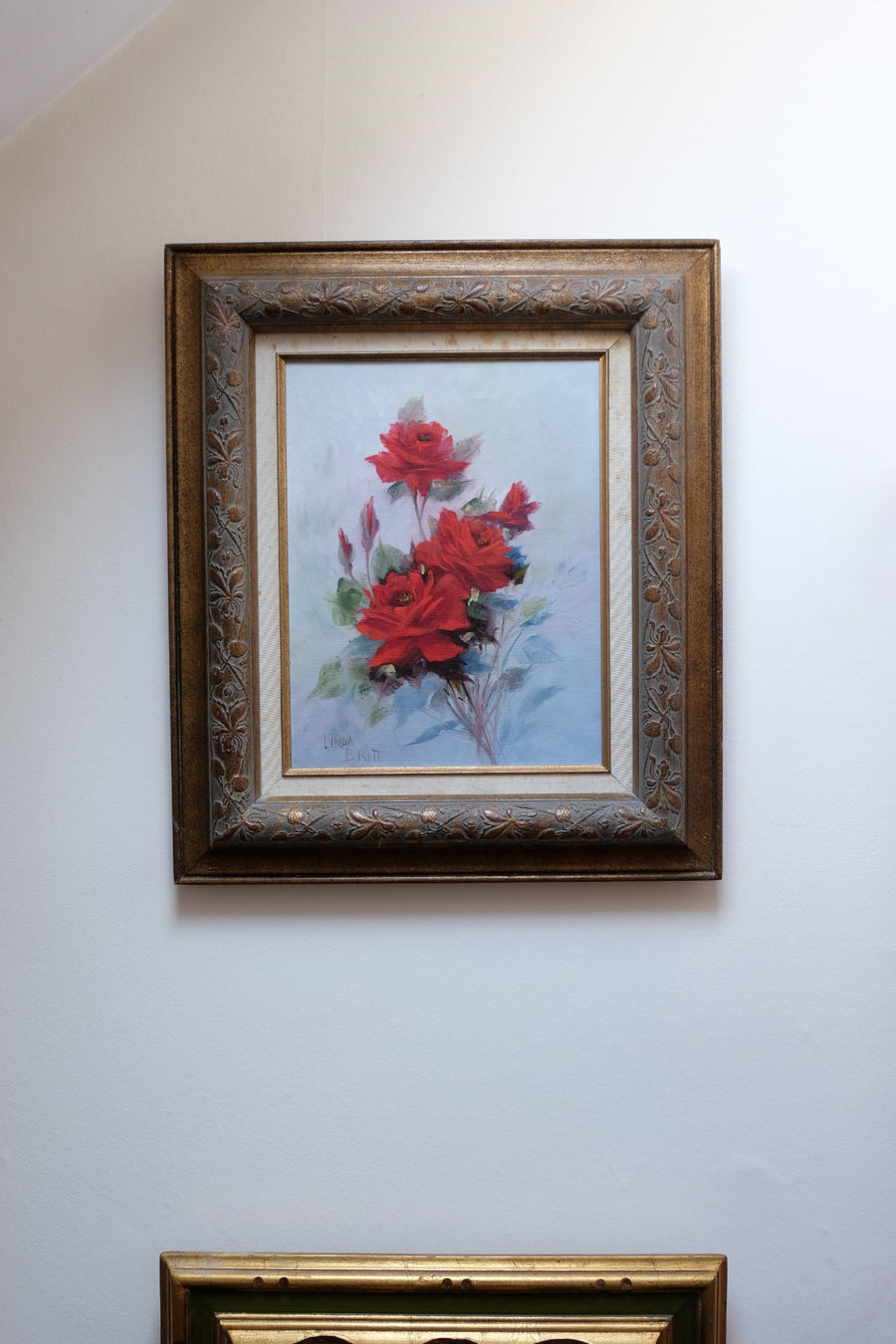 Still life of red roses oil on canvas signed Linda Britt