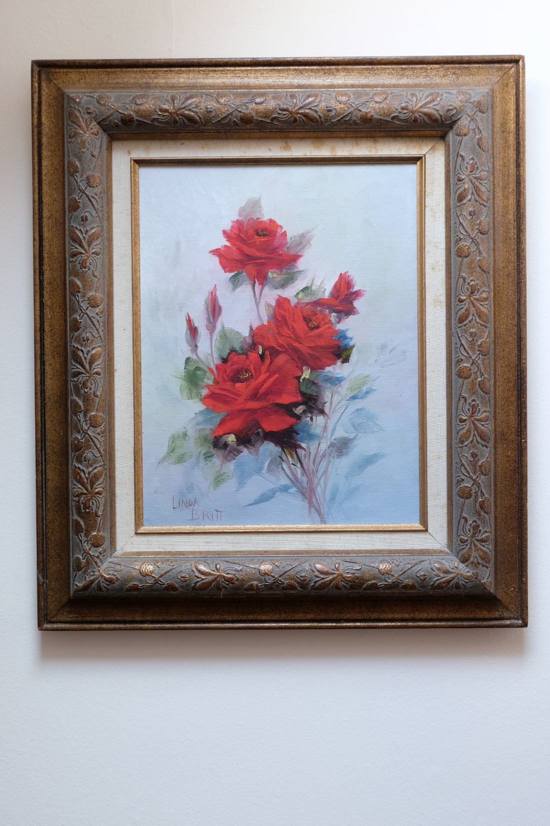 Still life of red roses oil on canvas signed Linda Britt