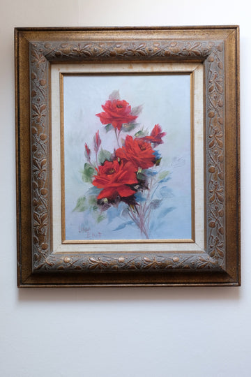 Still life of red roses oil on canvas signed Linda Britt