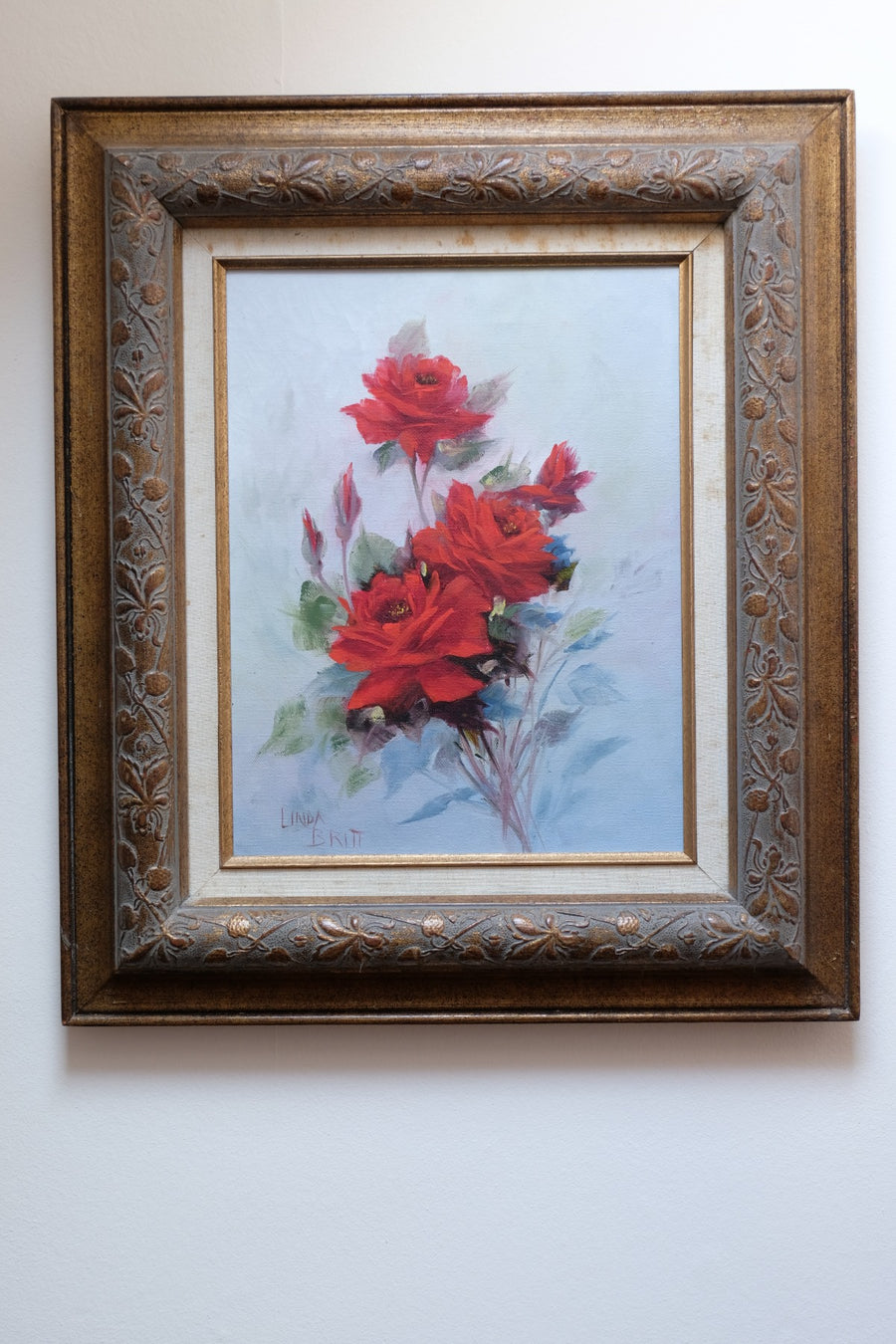 Still life of red roses oil on canvas signed Linda Britt